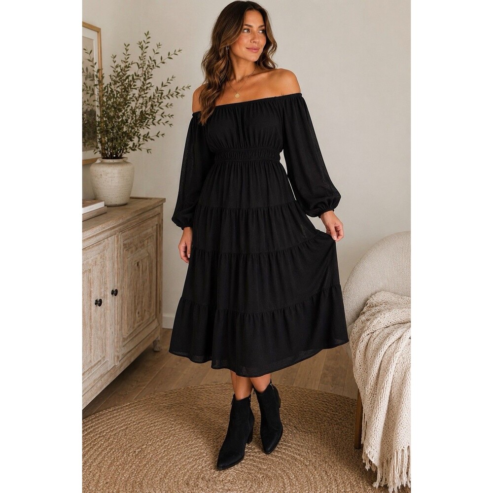 She + Sky Black Off Shoulder Tiered  Dress Long Balloon Sleeve Elastic Waist L